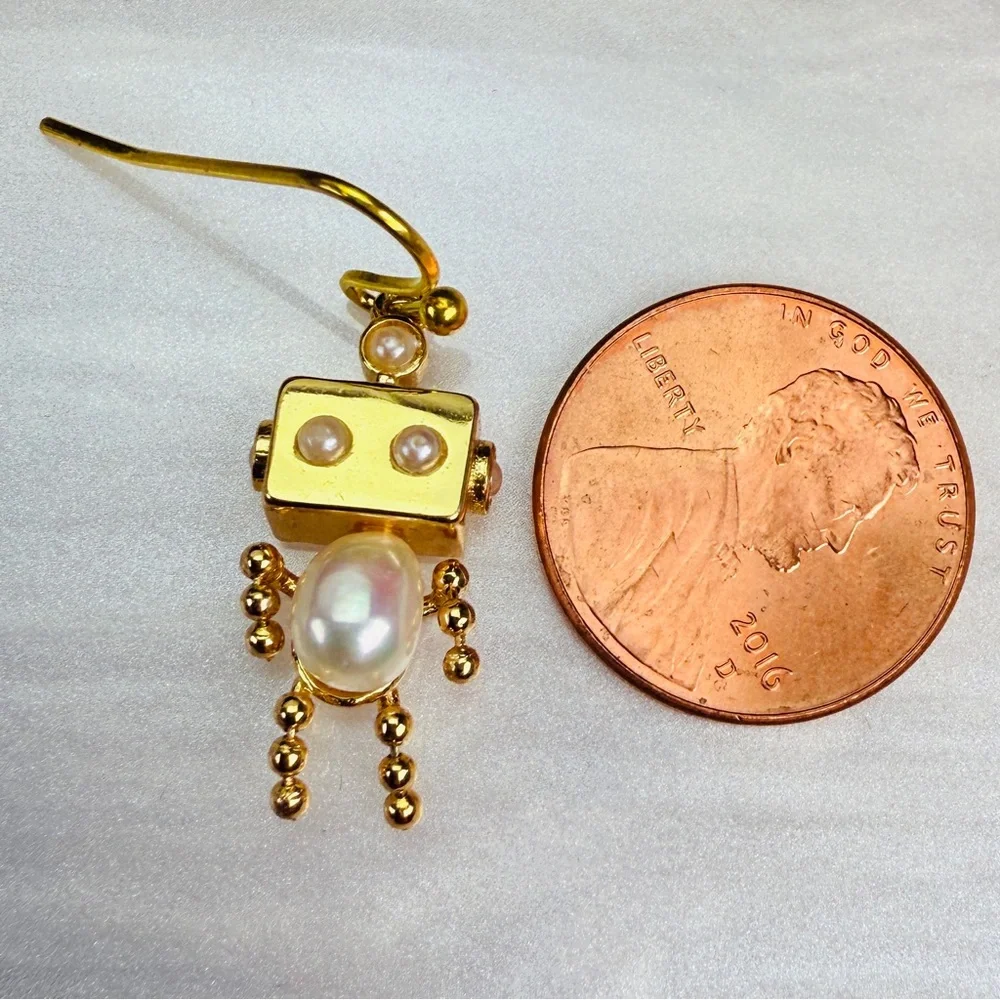 Goldtone Faux Pearl Robot Pierced Earrings